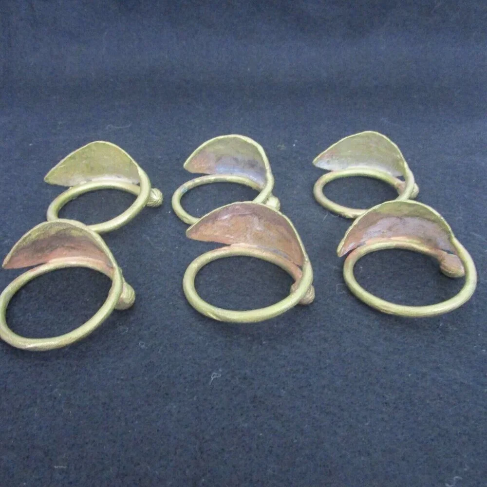 Pounded Forged Metal Leaf Napkin Rings Set of 6 Rustic Farmhouse Flat Gold Color
